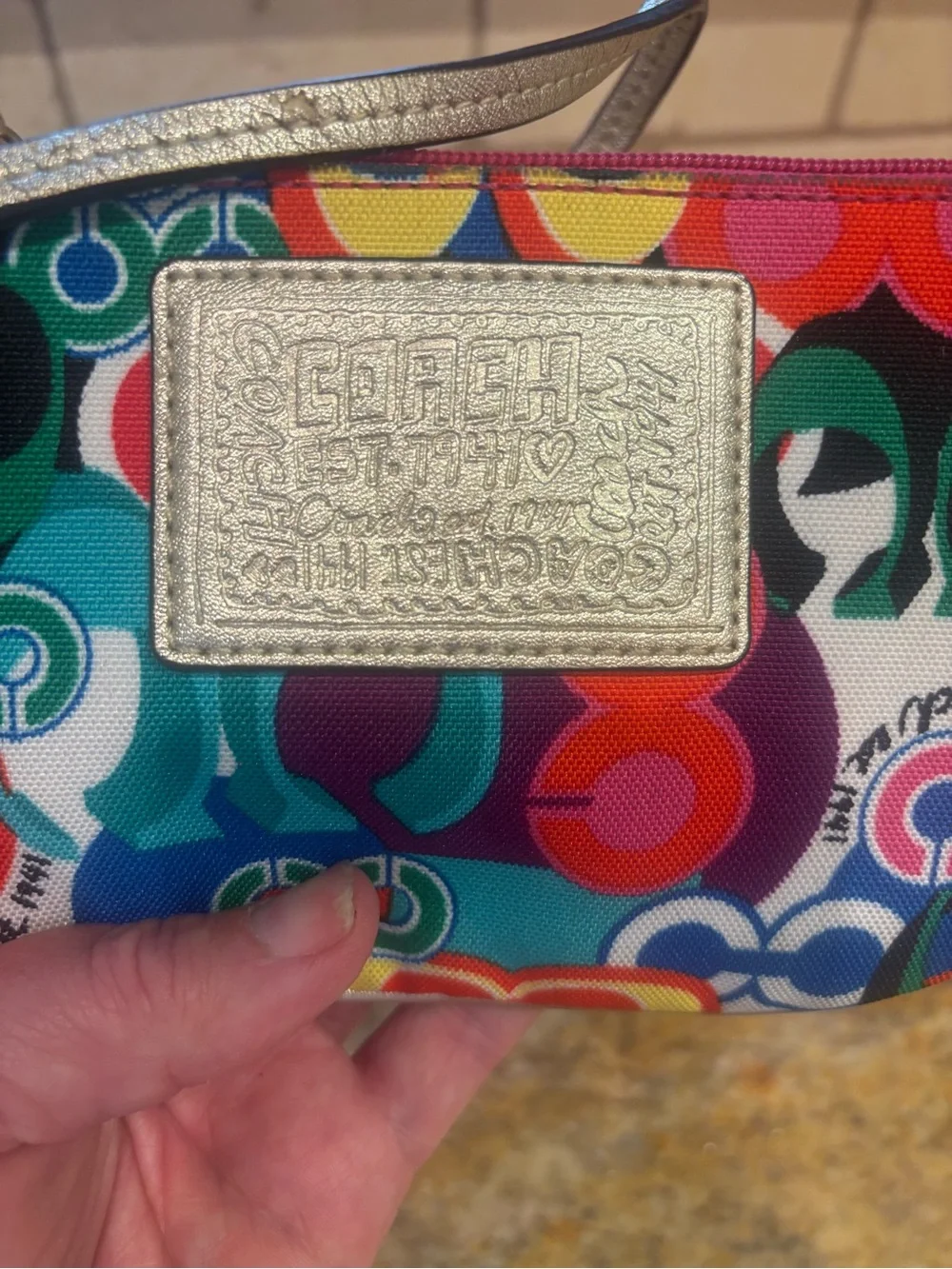 Coach Poppy Multicolor Graphic Signature Wristlet in Gold Trim